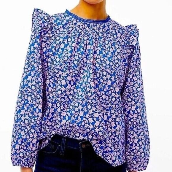 J Crew Womens Ruffle Shoulder Top S Blue Pink Floral Cotton Cottagecore Blouse - Picture 1 of 8